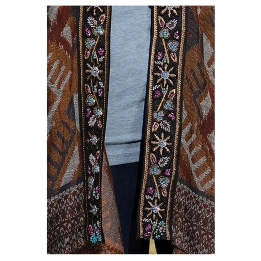 Soft Surroundings Asmara Embellished Beaded Knit Tapestry Wrap Earthy Ikat - Image 11