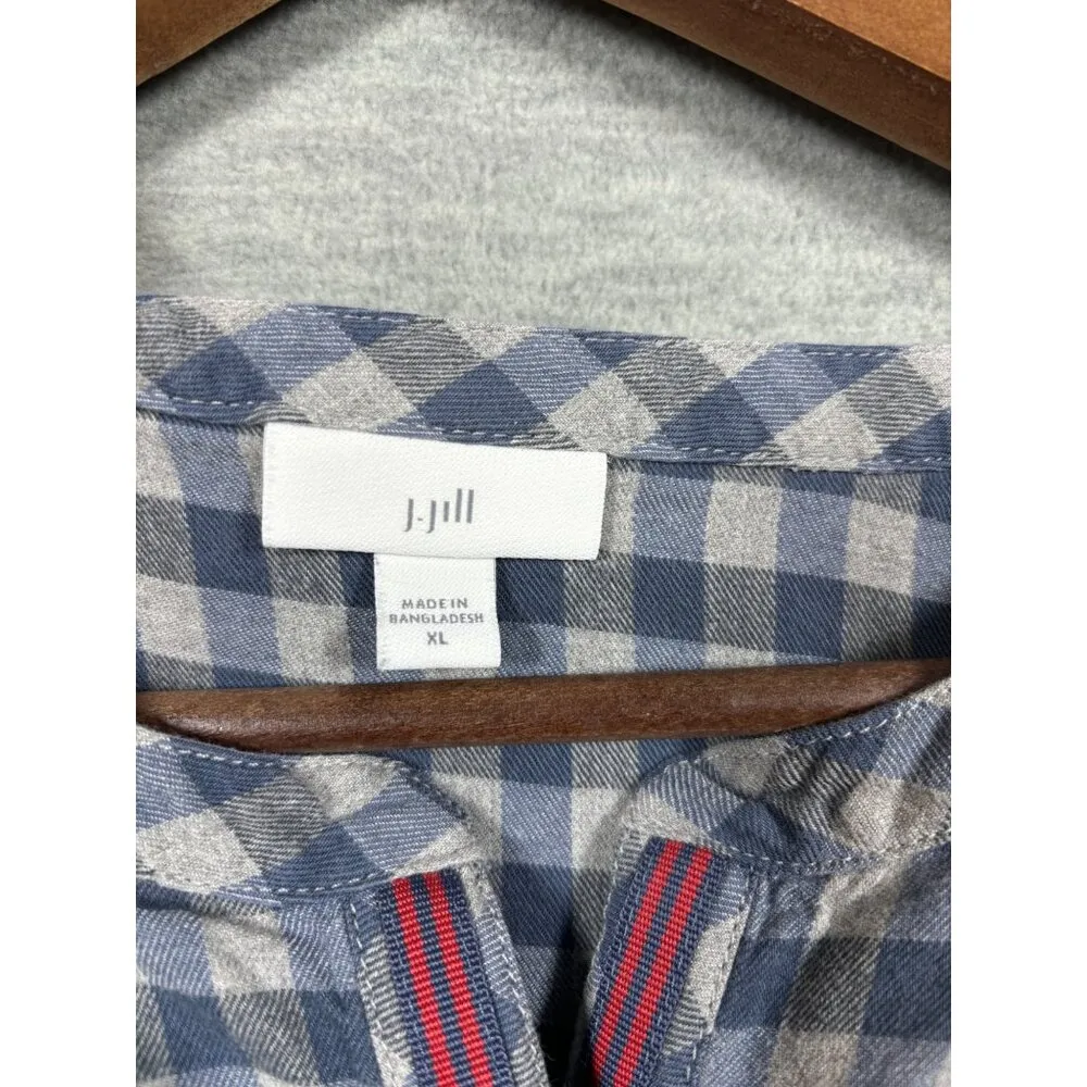 J.Jill Blue  White Plaid Peplum Top Womens Long Sleeve Button-Front Shirt XL Cot - Image 2