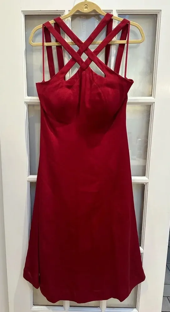 J. Peterman Timeless 100% Silk Criss Cross Halter Midi Formal Dress Size 14 NWT Red - Image 1
