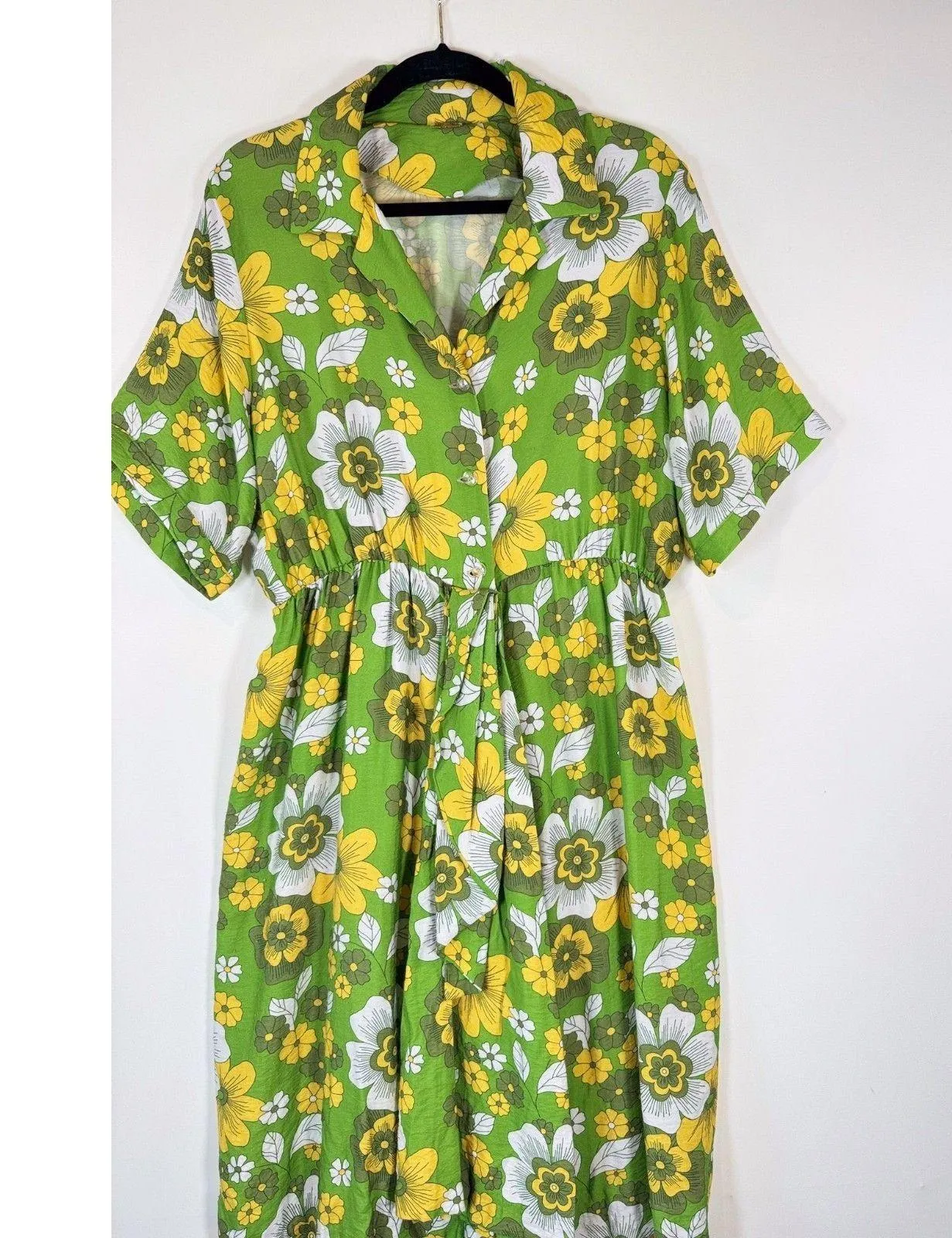 Dodo Bar Or Dress Green Midi Floral Shirtdress Short Sleeve Boho Hawaiian Large - Image 3