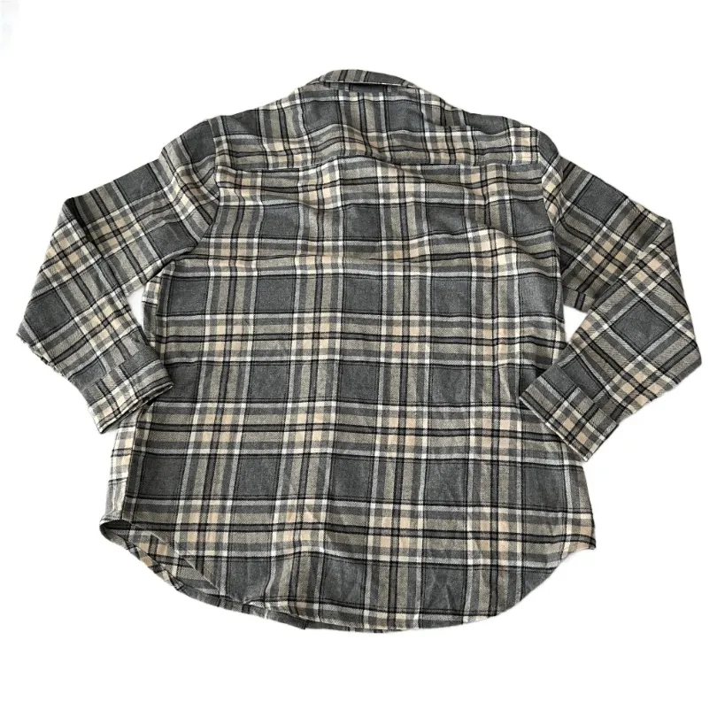 Old Navy The Boyfriend Shirt Tan & Gray Plaid Flannel Button Down Shirt - Image 4