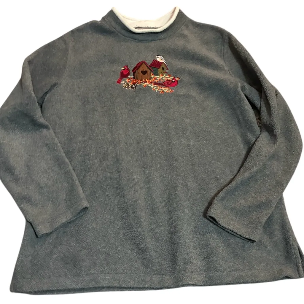 CROFT + BARROW ✨ Y2K Gray Sweater cardinal Birdhouse Embroidery great cond - Image 2