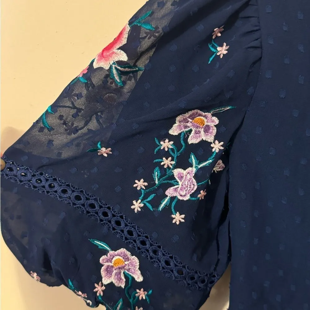 ASOS DESIGN High Neck Floral Embroidered Midi Dress Lace Trim Navy 6 NEW - Image 7