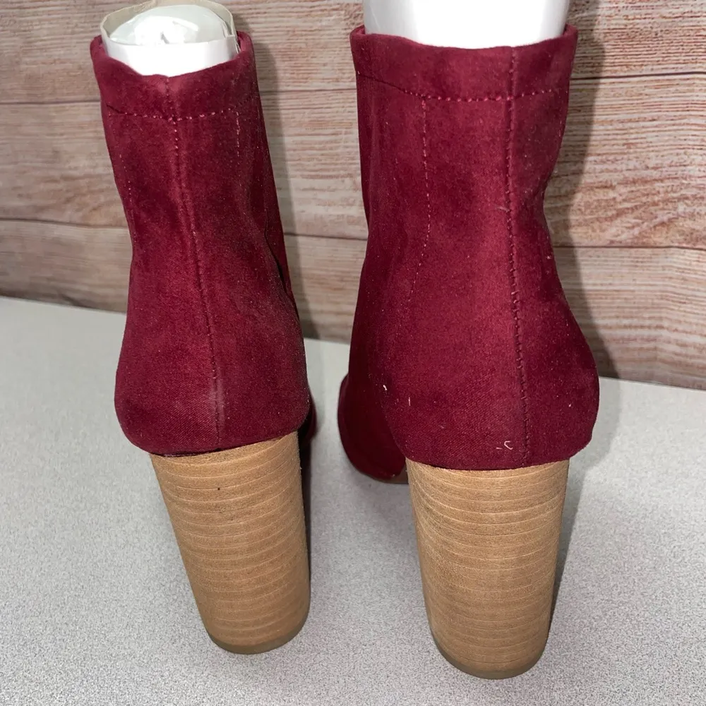 London Rag Peep Toe Bootie burgundy size 7 suede chunky block heel metal zipper - Image 5