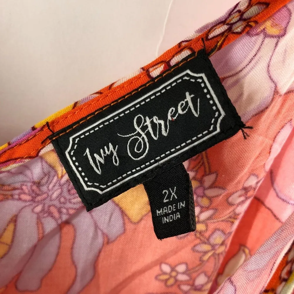 Ivy Street Maxi Dress Sleeveless Tie Waist Floral Orange Pink Colorful 2X - Image 3