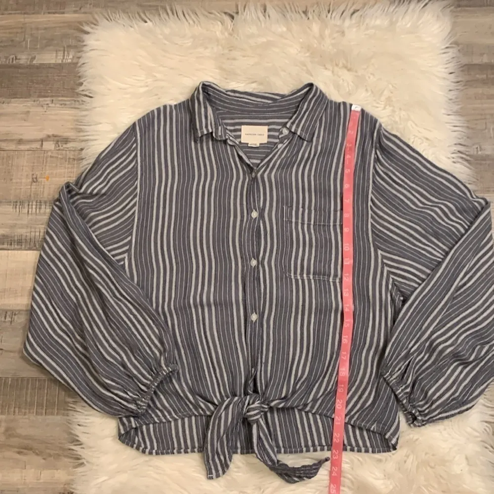 American Eagle striped button front top blouson sleeve waist tie M - Image 7