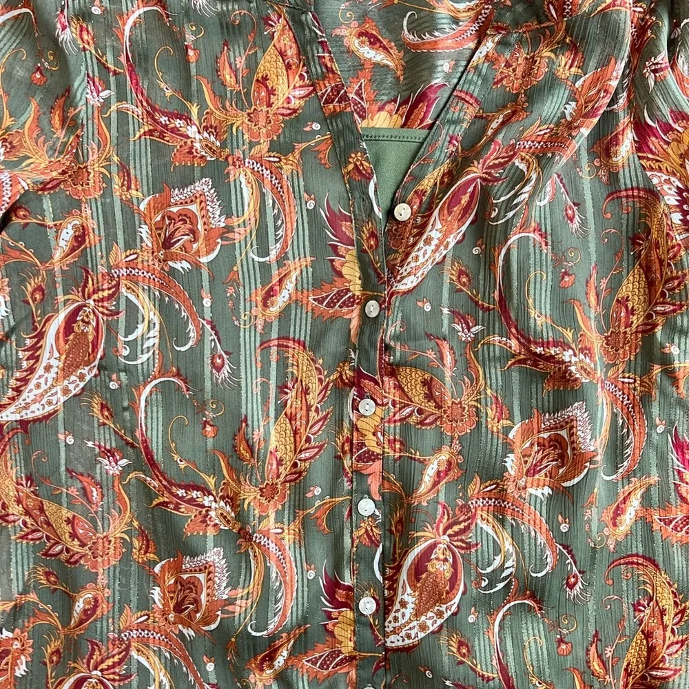 Frye Women's Green and Orange Floral Top - Image 6