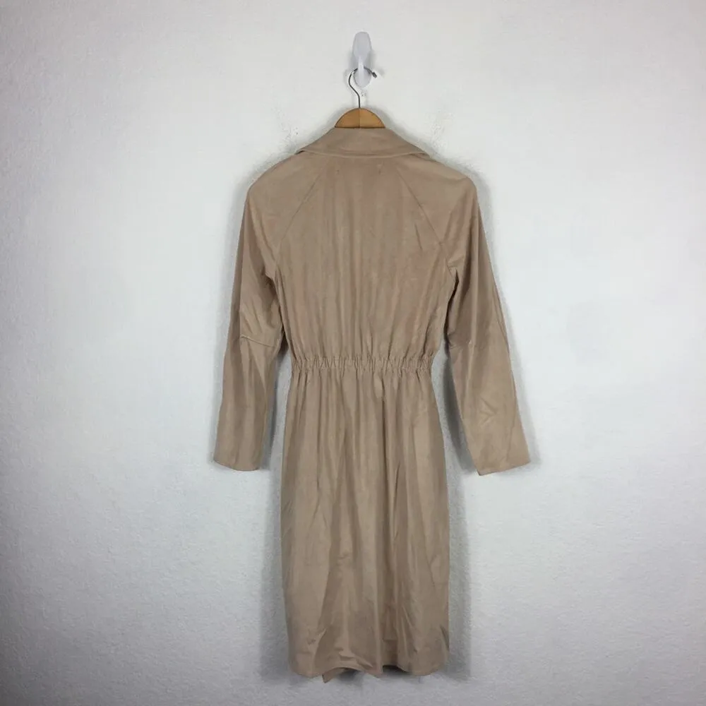 Zara Tan Trench Coat XS Faux Suede Double Breasted Belted Classic Mid Length - Image 15