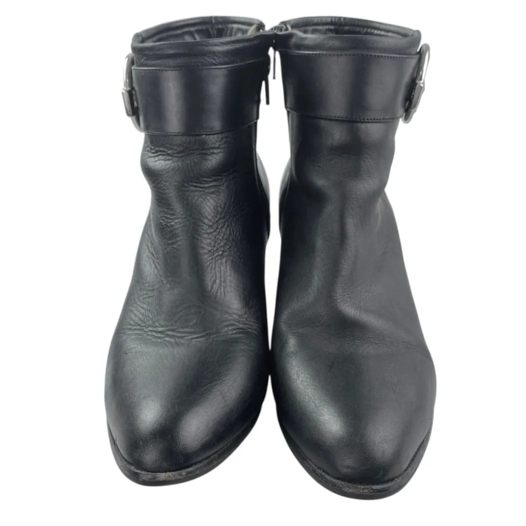 PB Women's Black Leather Almond Toe Buckle Strap Zip Chelsea Ankle Boots Size 8 - Image 2