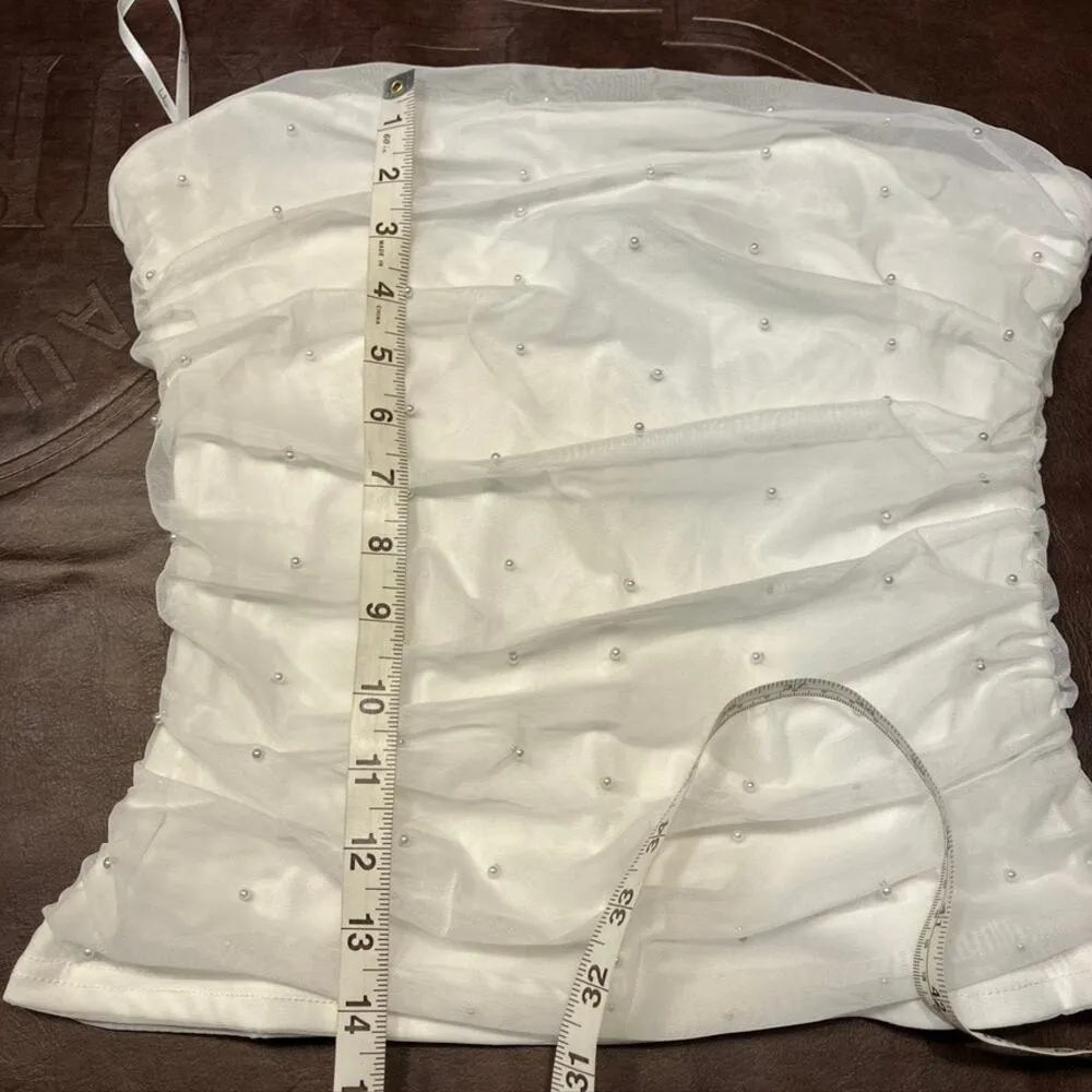 Lulus Flirty Glamour White Mesh Pearl Strapless Crop Top Juniors XL Stretchy - Image 12