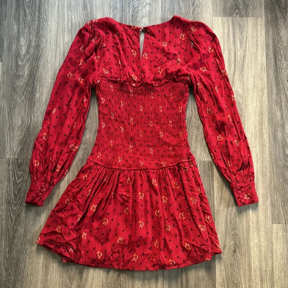 Free People Red Long Sleeve Dress Small Printed floral Two Faces mini Smocked - Image 5