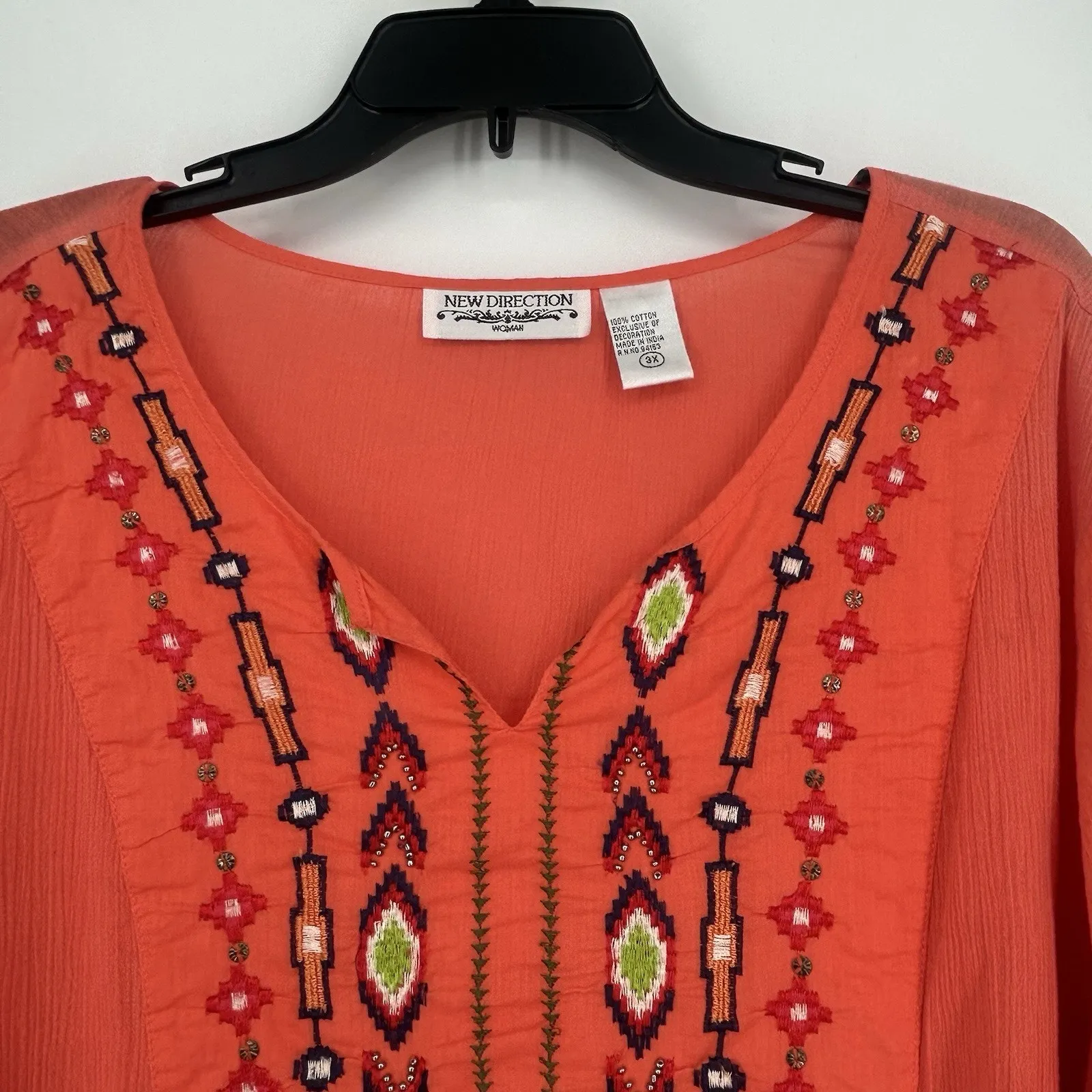 New Direction Boho Gauzy Top Orange Embroidered Western Split Neck Size 3X - Image 2