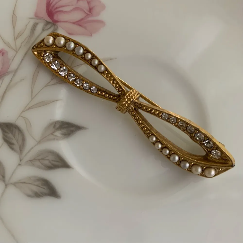 Victorian Style Bow Brooch with faux pearls & Faux diamonds •Vintage 1928 Jewelry Co. - Image 2