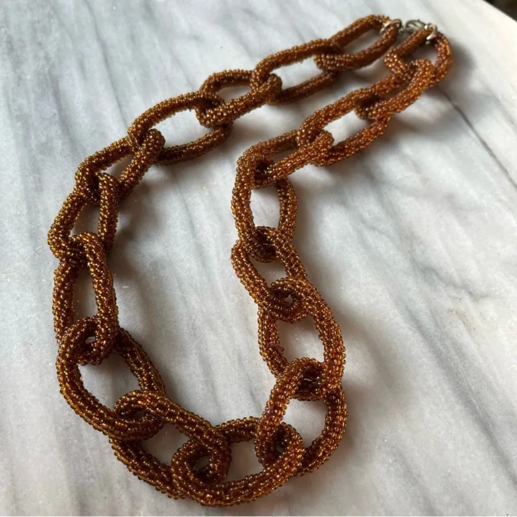 Vintage 70s Glass Seed Bead‎ Chain Link Necklace Brown Beaded Boho Statement Size 27 - Image 8