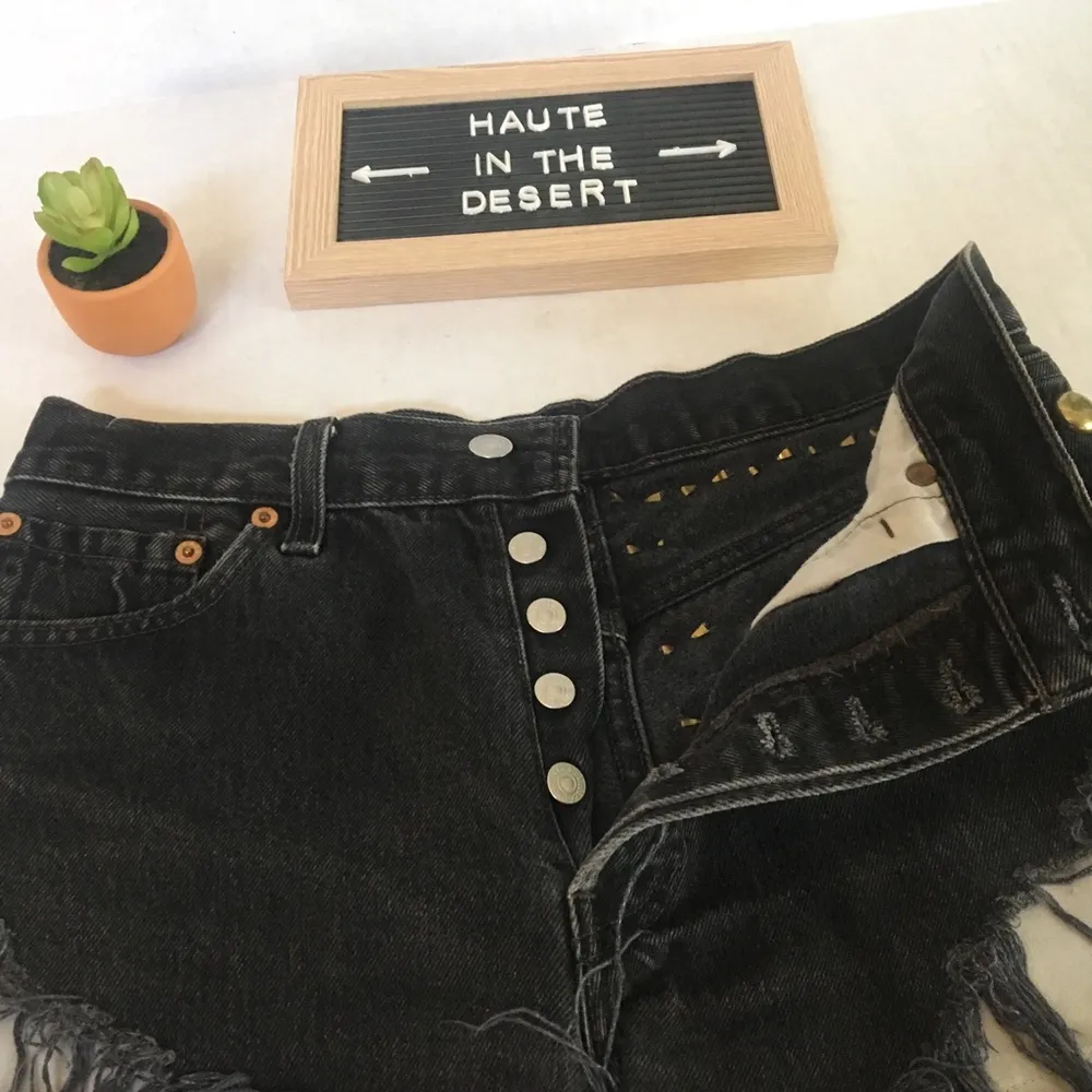 Customized vintage Levi's 501 studded cutoff black jean denim shredded shorts - Image 7