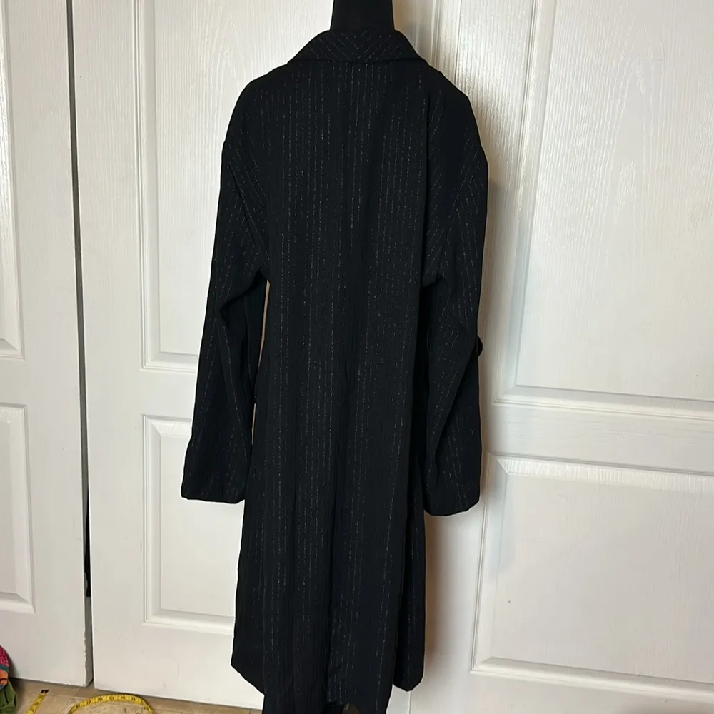 VTG BLACK SILVER STRIPE TRENCH COAT Size L - Image 3
