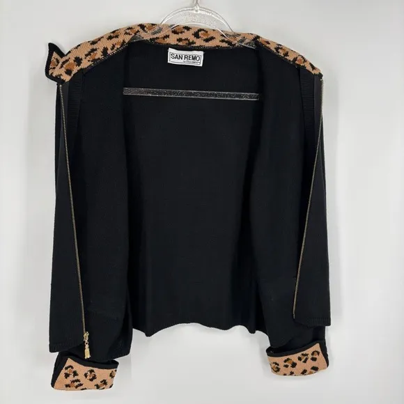 Vintage San Remo by Laura Knits Leopard Print Trim Black Cardigan Size Medium - Image 10