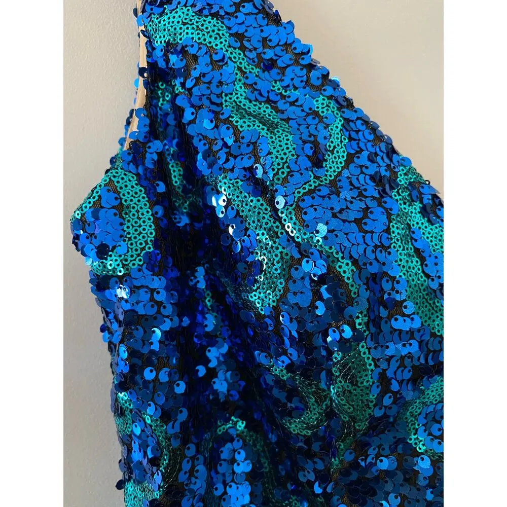WOW! Prom & Pageant 12 Blue Green Teal Sequin Mini Bodycon Dress EUC Deep V Back - Image 3