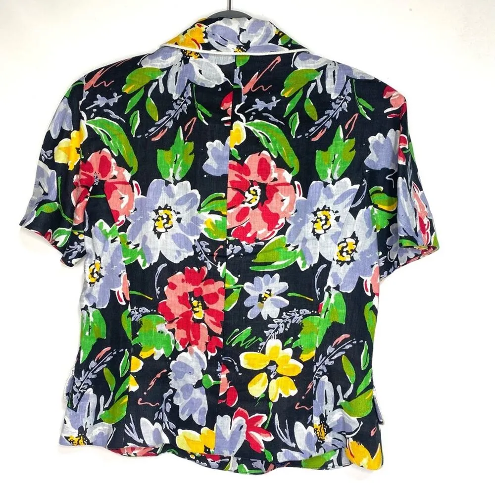 Rickie Freeman for Teri Jon Vintage Linen Jacket Silk Skirt Suit Set Floral 4 Black - Image 6