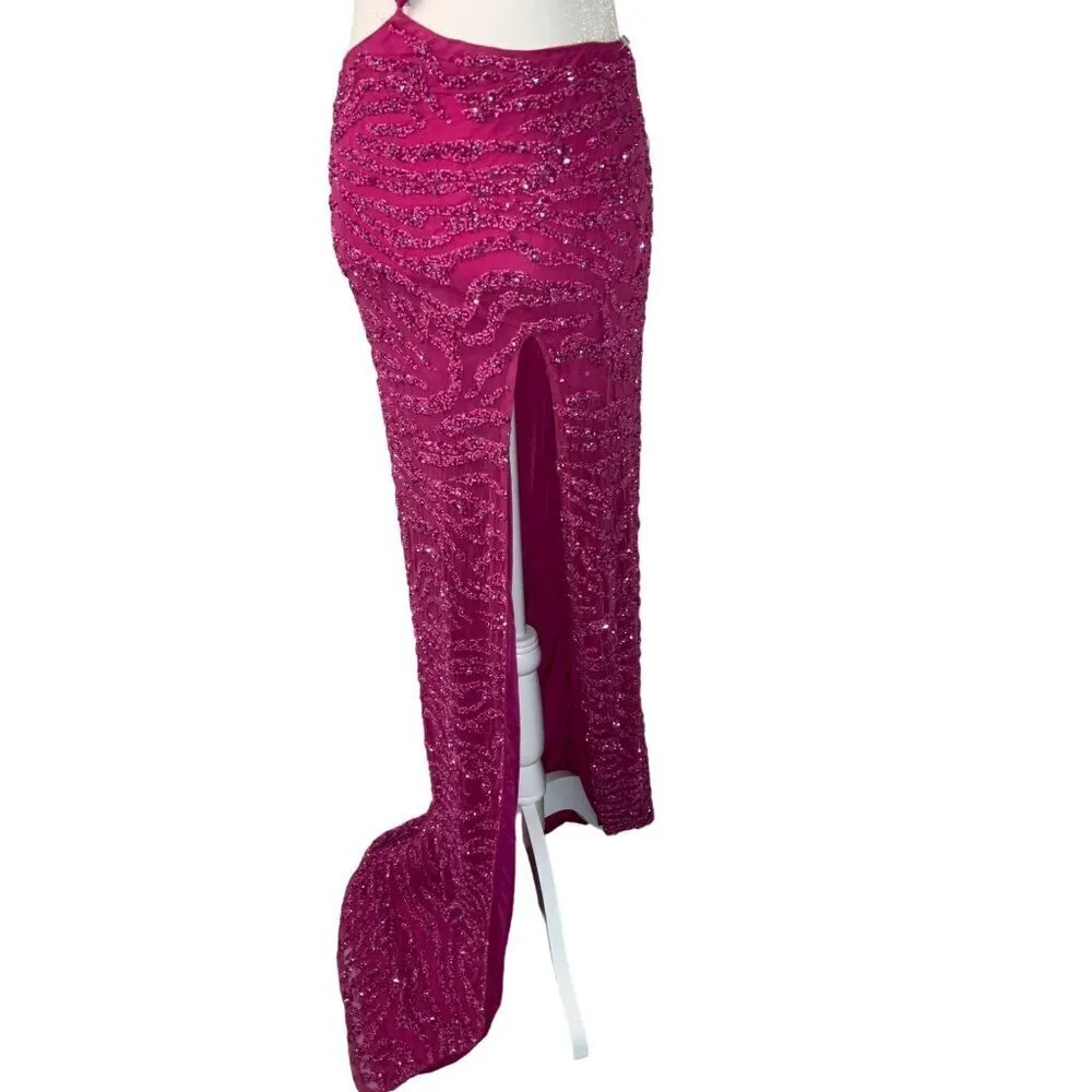 Retrofete Hendrix Dress in Fuchsia Rose Tiger Stripe Large New Long Maxi Gown Pink - Image 7