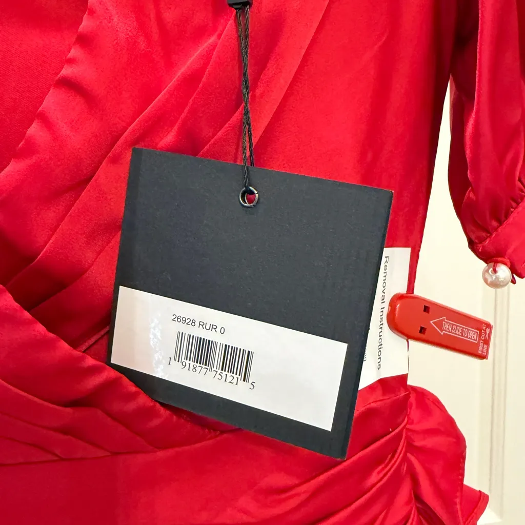 Mac Duggal 26928 NWT Red Short Puff Sleeve Faux Wrap Mini Dress - Image 7