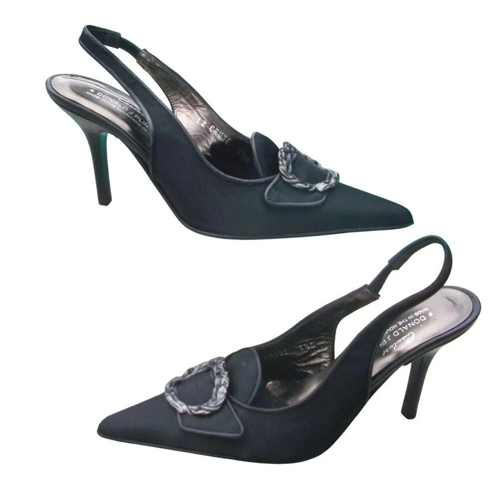 Donald Pliner Black Satin Leather Slingback Pump Shoe Rhinestone NWT $310 Size 6.5 - Image 4