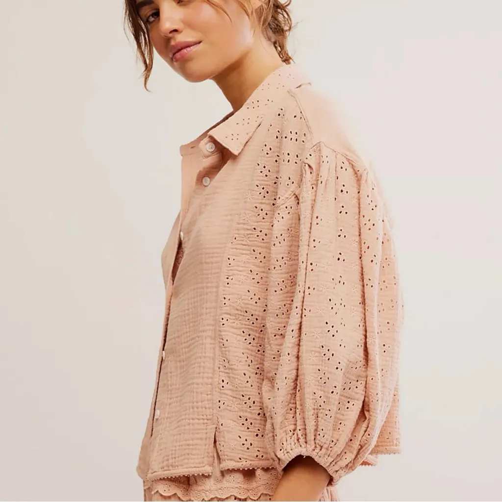 Free People Dainty Ethereal Cottage Eyelet Lace Full Bloom Shirt Rose Dust Large - Image 6