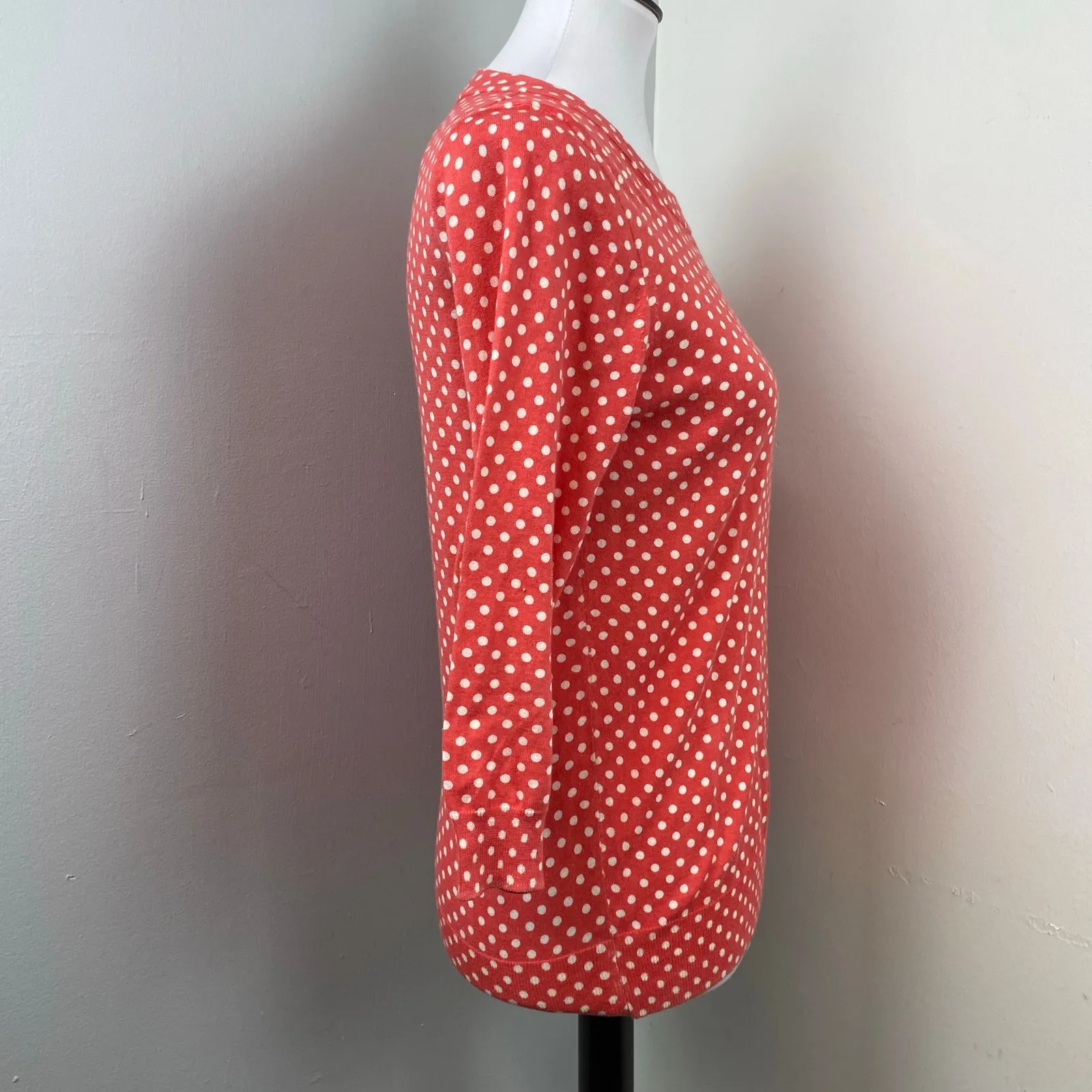 J Crew Cotton Coral Polka Dot 3/4 Sleeve Lightweight Sweater Small NEW - Image 5