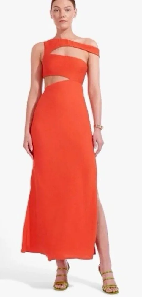 STAUD Prismatic Dress with cut-out Side Slit Off Shoulder Papaya Orange Size 6 - Image 1
