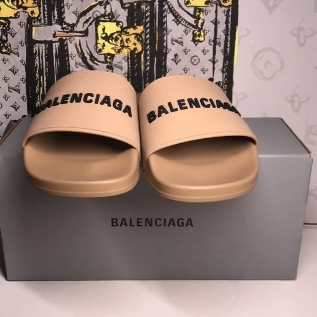 New Authentic BALENCIAGA Rubber Logo Pool Slide Sandals – Beige & Black - Image 4