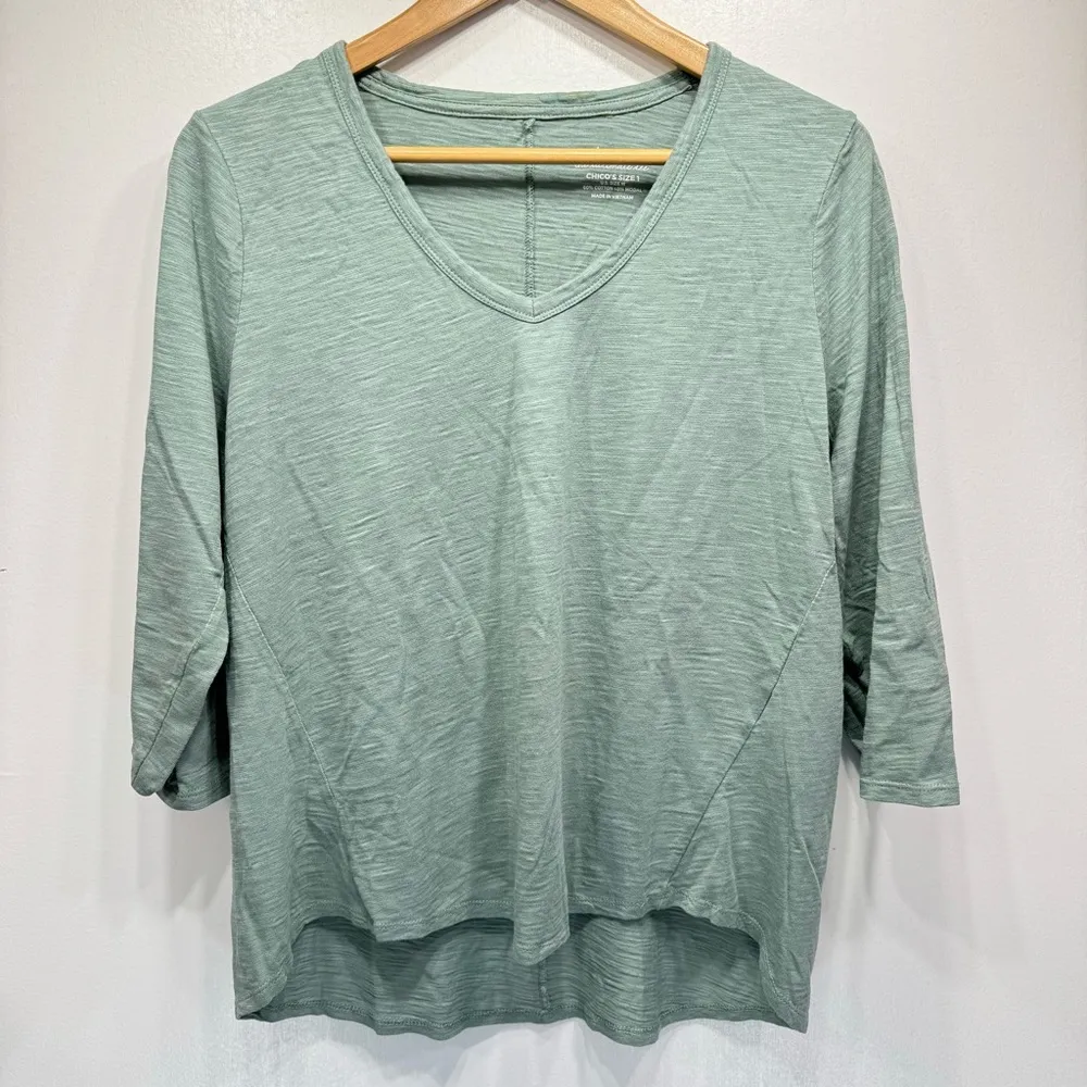 Chico’s The Ultimate Tee 3/4 Sleeve Slub Knit in Sage Green Size 1/Medium - Image 5