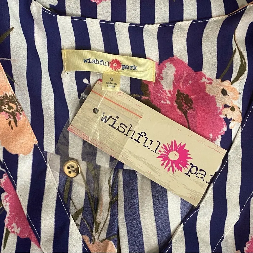 Wishful Park Striped Floral Blouse Gold Trim Roll Tab Long Sleeves - Image 7