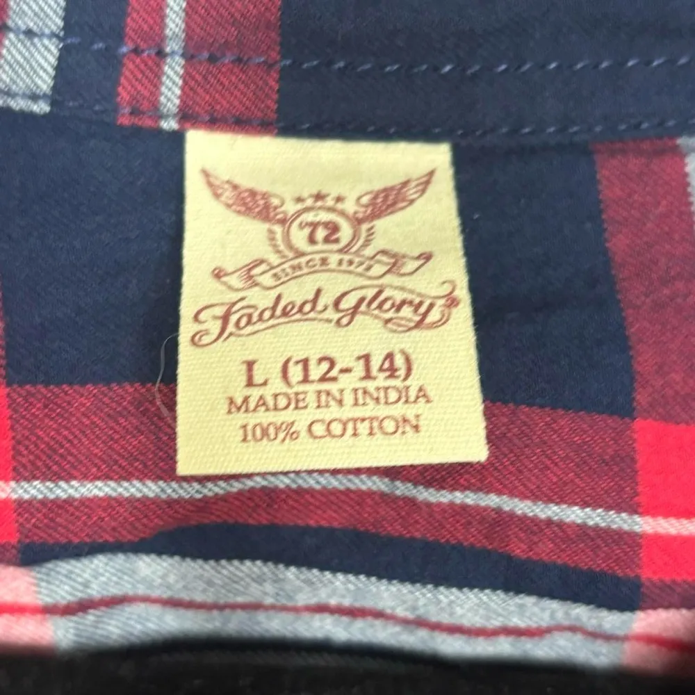Faded Glory  Red Blue White Plaid Button Up Flannel Size Large - Image 8