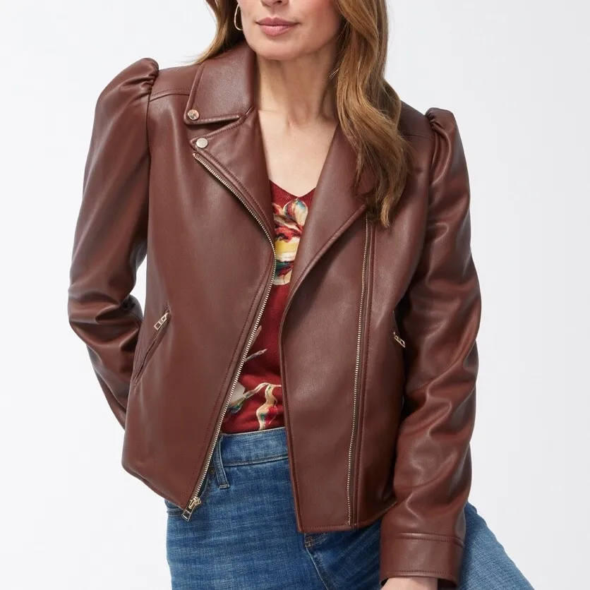 NWOT CHICO’s Faux Leather Cropped Moto Jacket In Chocolate Brown - Image 4