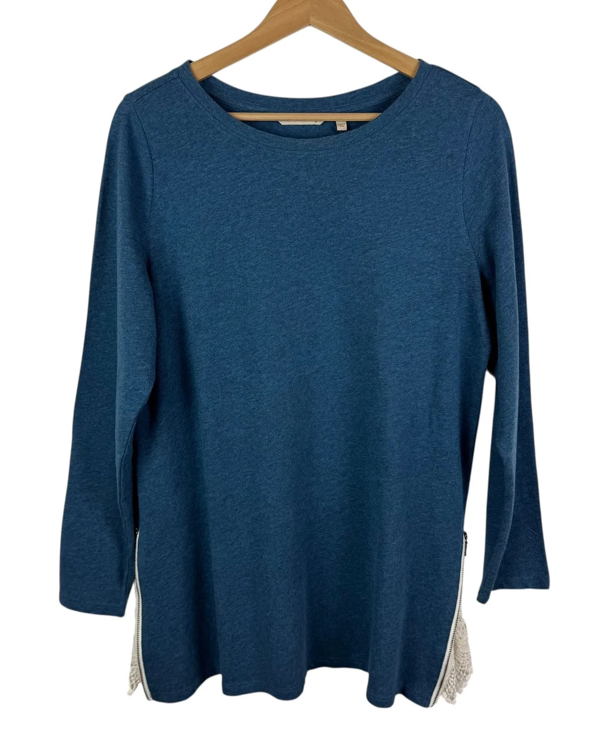 Soft Surroundings Darcy Sweatshirt Large Blue Lace Trim Zip Hem Comfy Everyday - Image 1