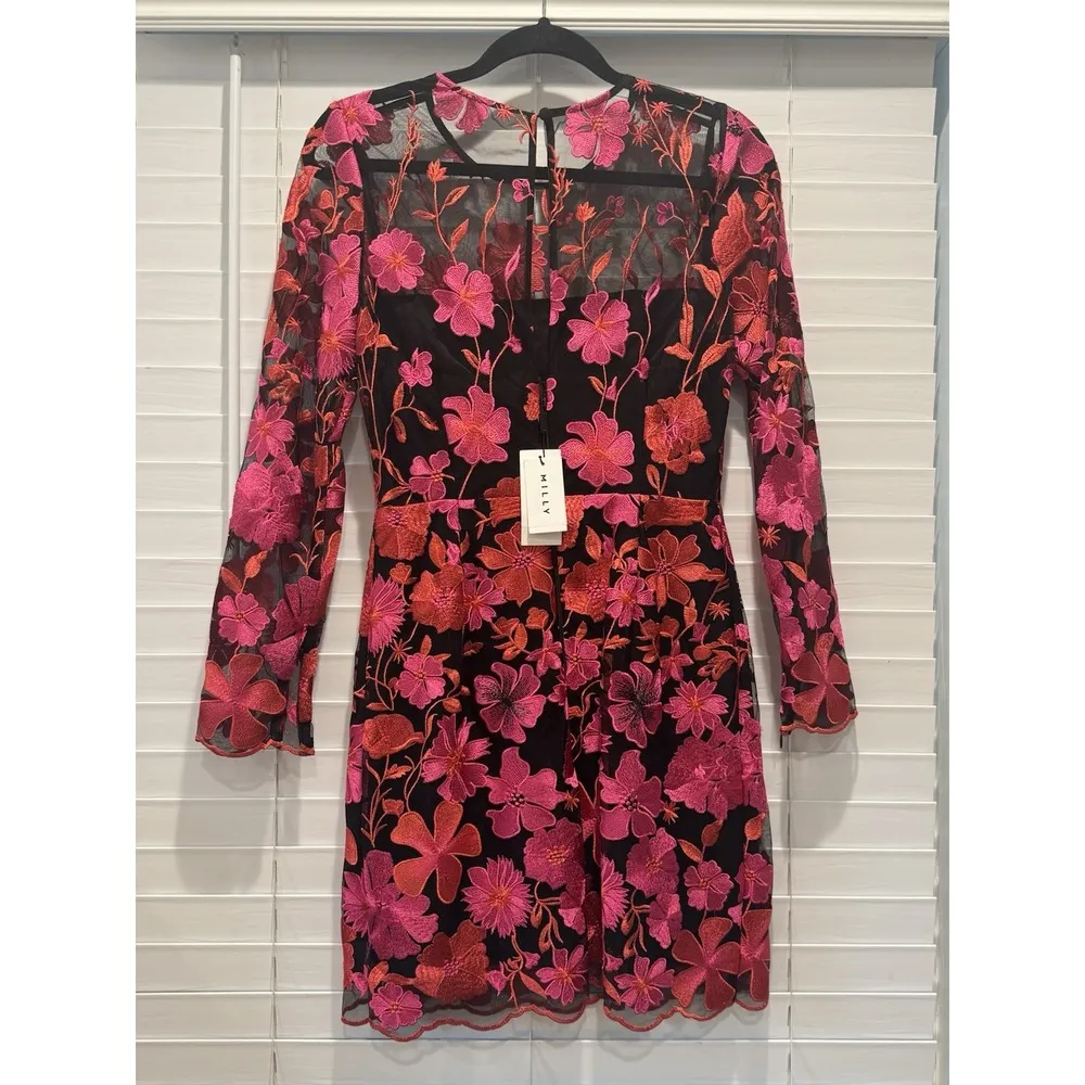 $595 Milly's Scottie Floral Mesh Lace Embroidered Mini Dress Sz 2 Red Pink Black - Image 6
