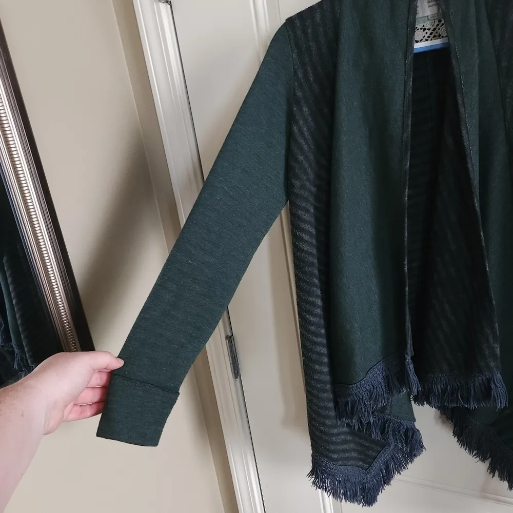 Saturday Sunday Open Cardigan Fringe Elise Green Stripe Size S - Image 4