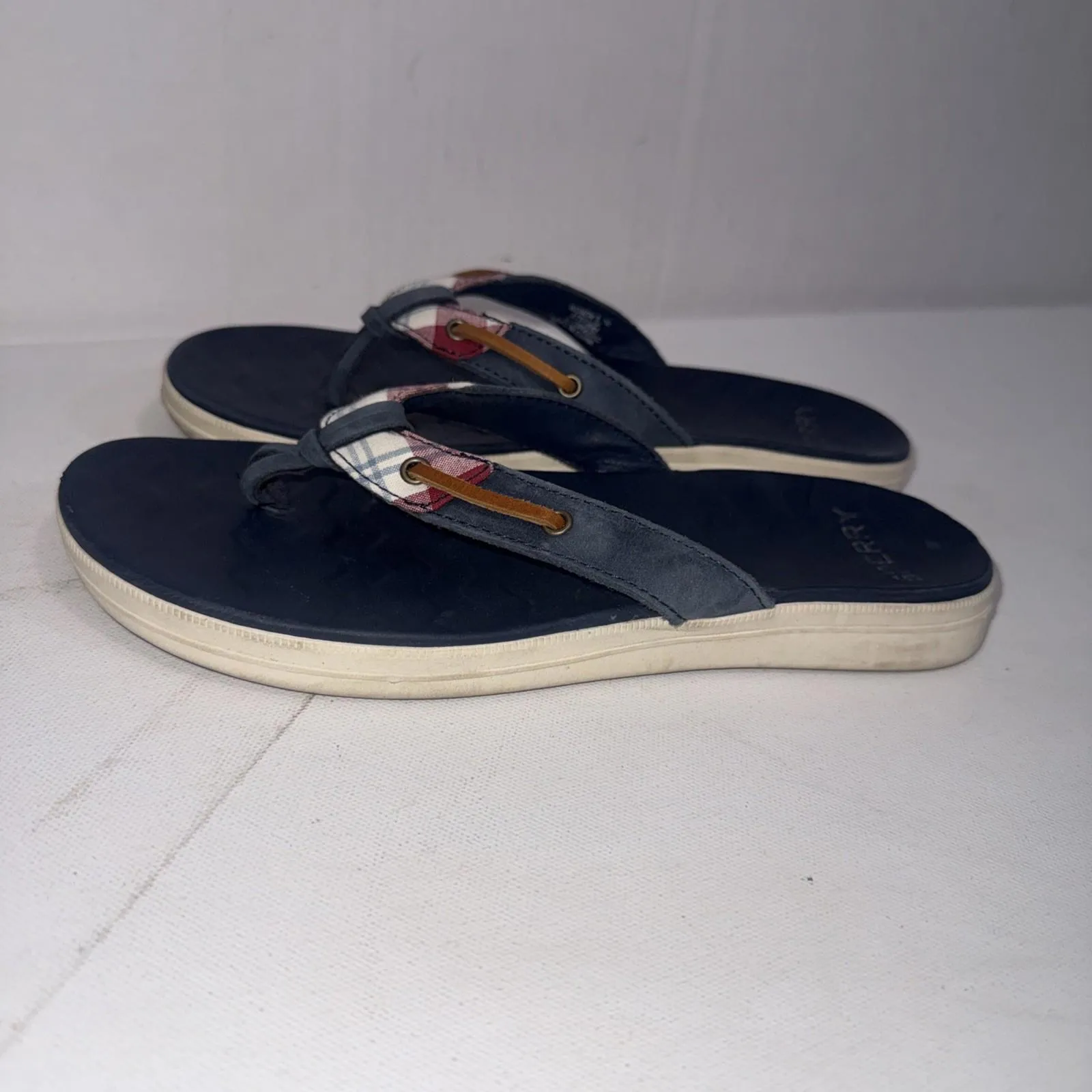Sperry Women's Seafish Leather Flip Flop Sandals Blue Plaid Nautical Shoes Sz 7 - Image 6