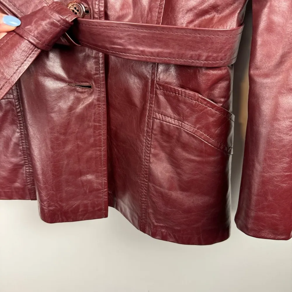 Vintage Leather Rabbitt Fur Trim Trench Tie Jacket Sz 5/6 Maroon Y2K Mob Wife Red - Image 7