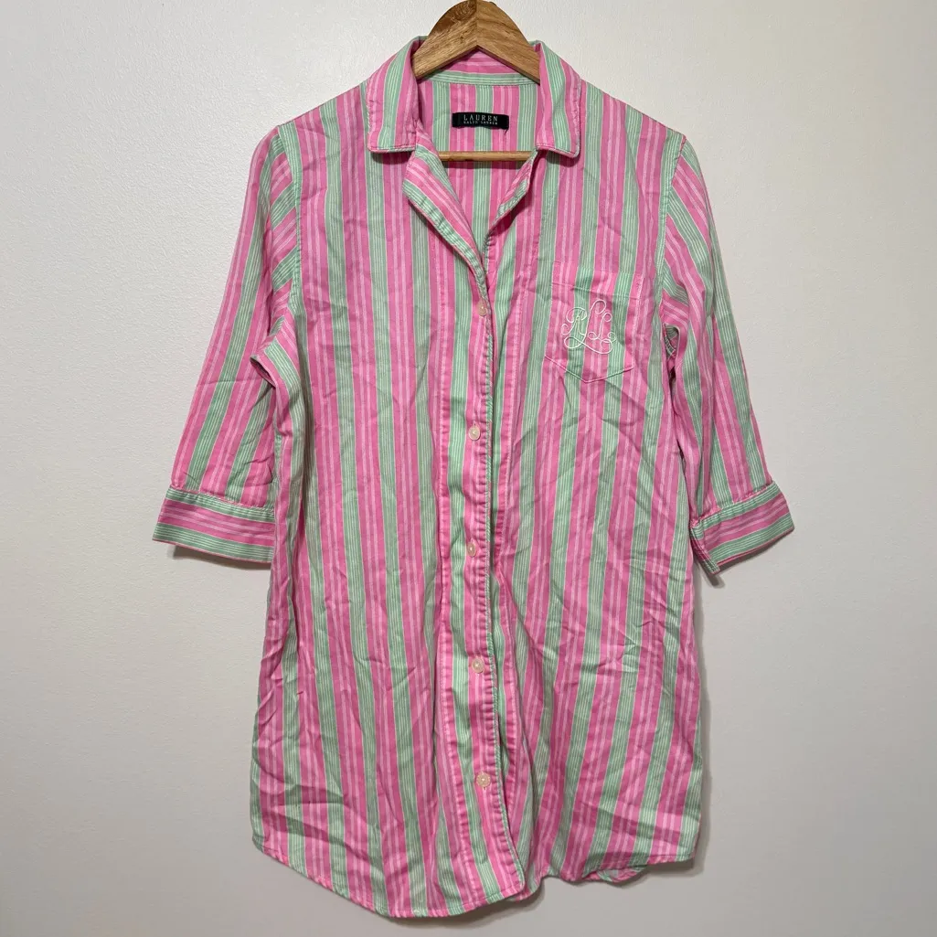 Ralph Lauren Pajama Button Down Shirt Dress Size Medium Pink green Cotton - Image 2