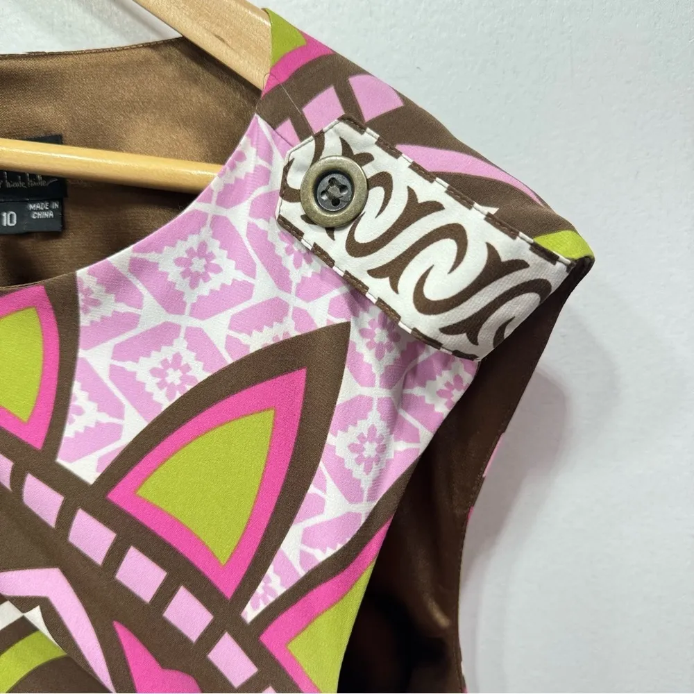 Nicole Miller Sleeveless Pink Lime Brown & Ivory Boho Medallion Print Dress 10 - Image 14