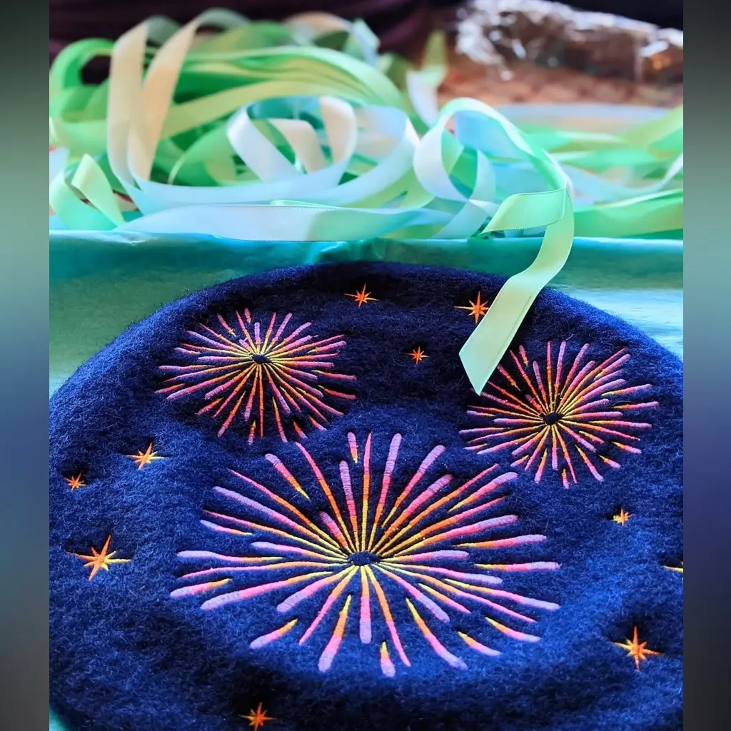 Disney Dark Blue Mickey Embroidered Fireworks Wool Beret - Image 7