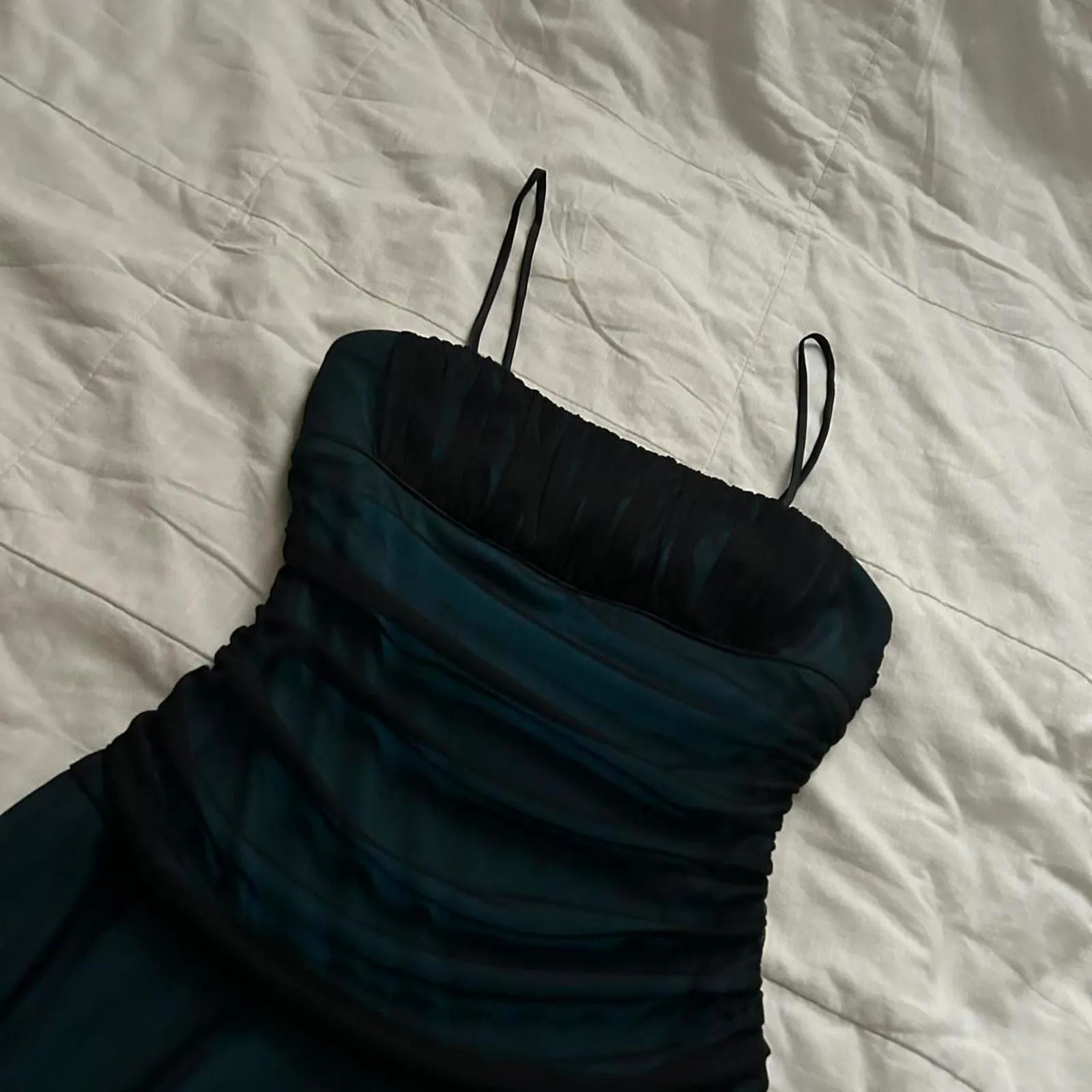 Y2K paper tag vintage City Triangles black mesh teal blue handkerchief hem dress - Image 4