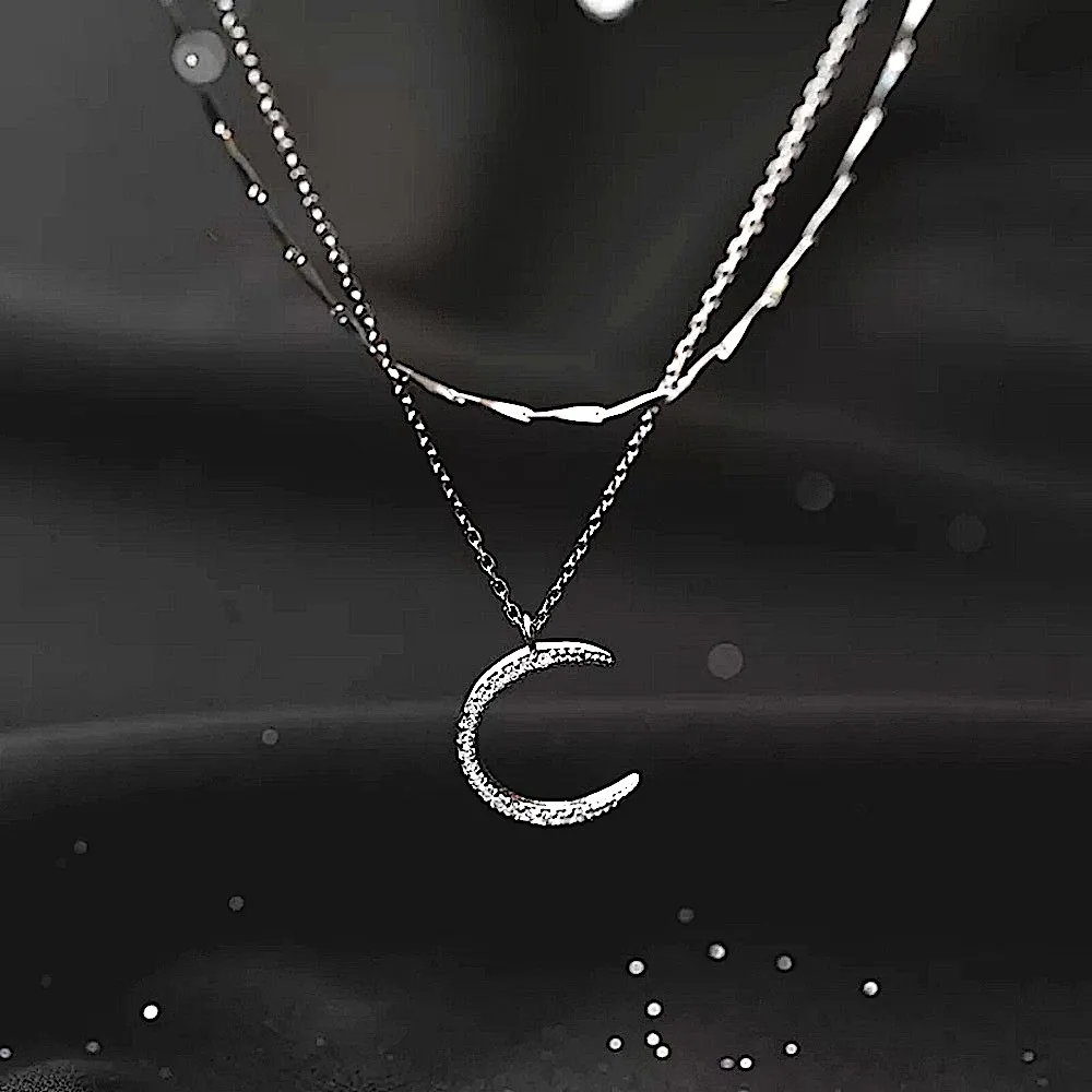 Sparkly Multilayer Moon Necklace, 16-18”‎ | White Gold Over 925 Sterling Silver - Image 8