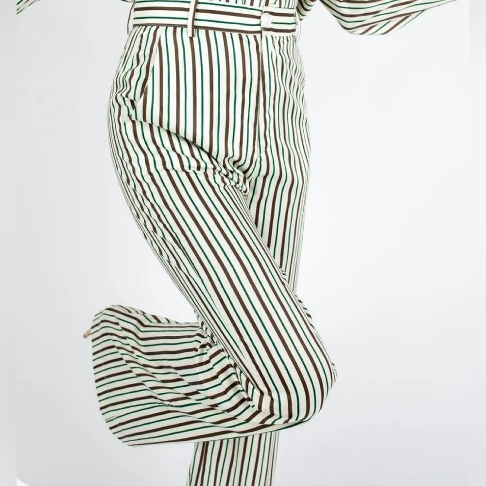 ivory green and brown striped wide leg satin pants size small - Image 3