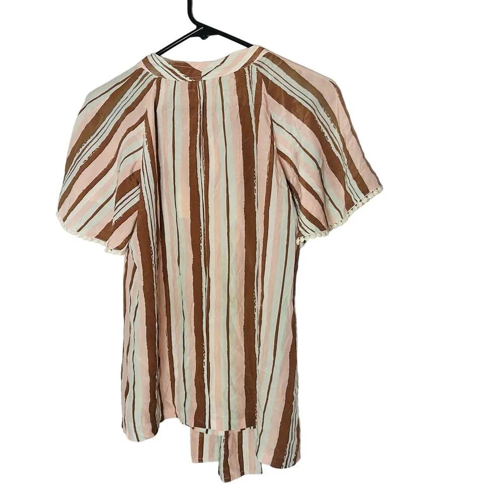 RAOUL Pink Brown Striped Printed 100% Silk Tie Neck Woven Raffaella Blouse Size2 Size 2 - Image 5