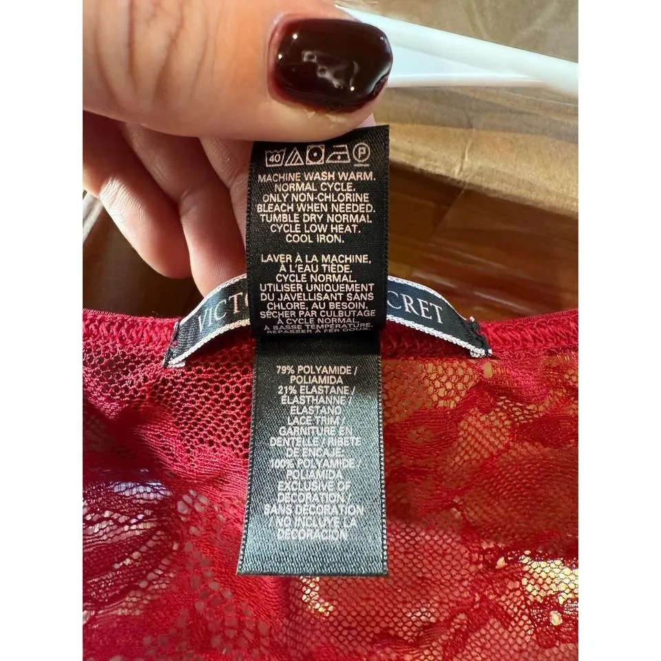 Victorias Secret Red Lace Long Sleeve Plunging V Neck Bodysuit S P - Image 6