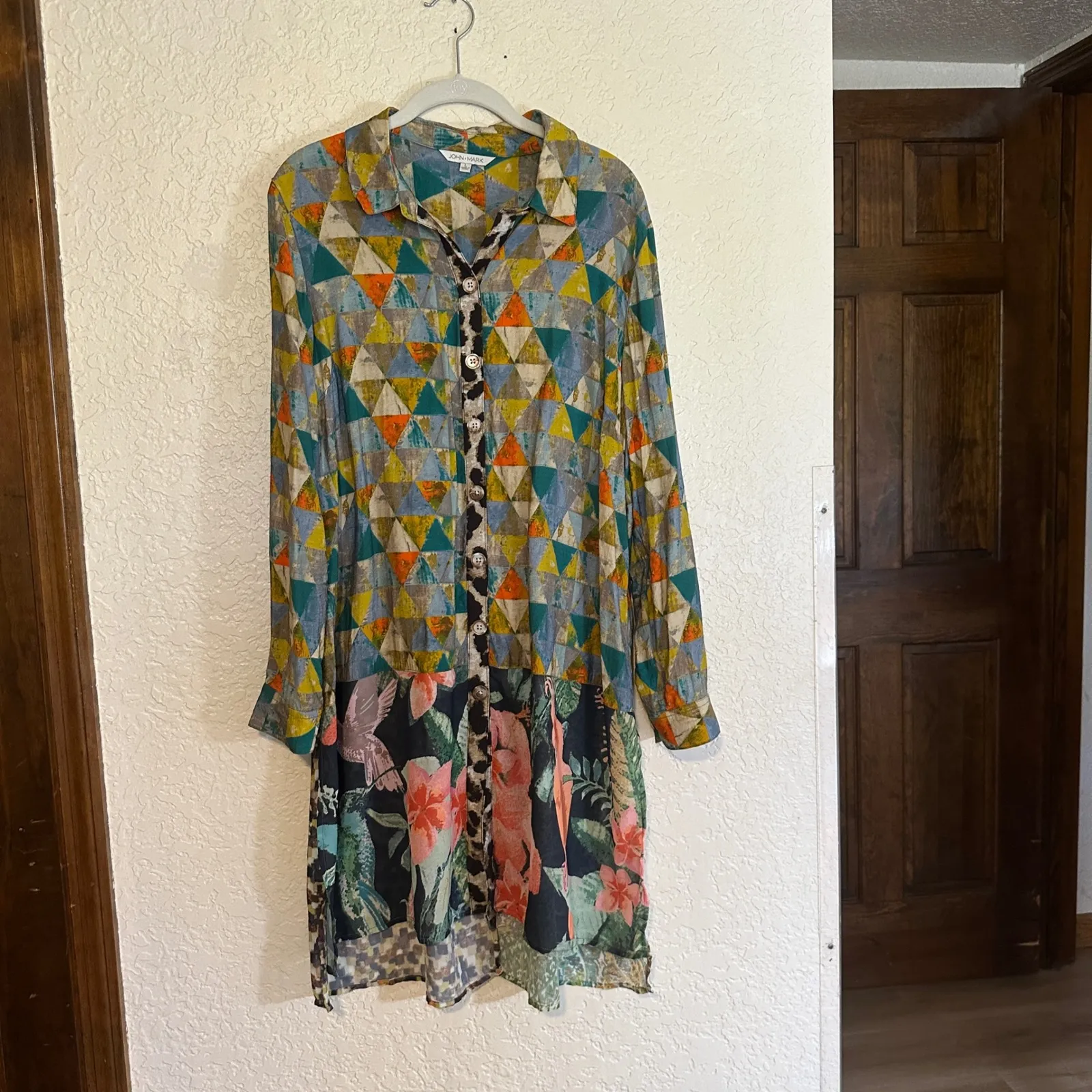 JOHN MARK Patchwork Geometric Floral Print Long Sleeve Shirt Dress Size L Birds - Image 9