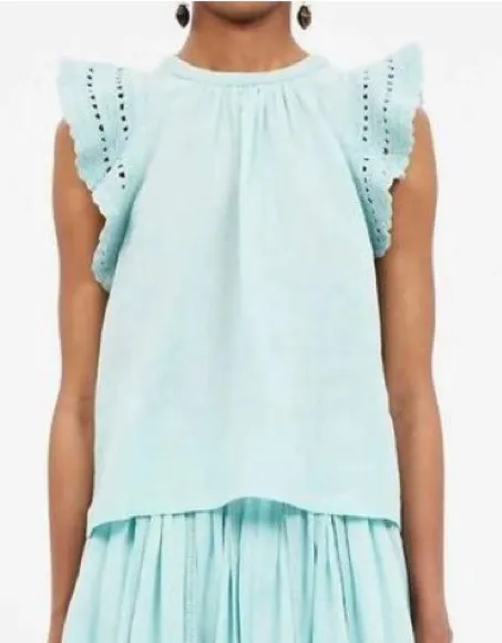 ULLA JOHNSON Kai Top Bryl Sky Blue Aqua Shirt Size 2 Cotton Crochet Flutter Slee - Image 1
