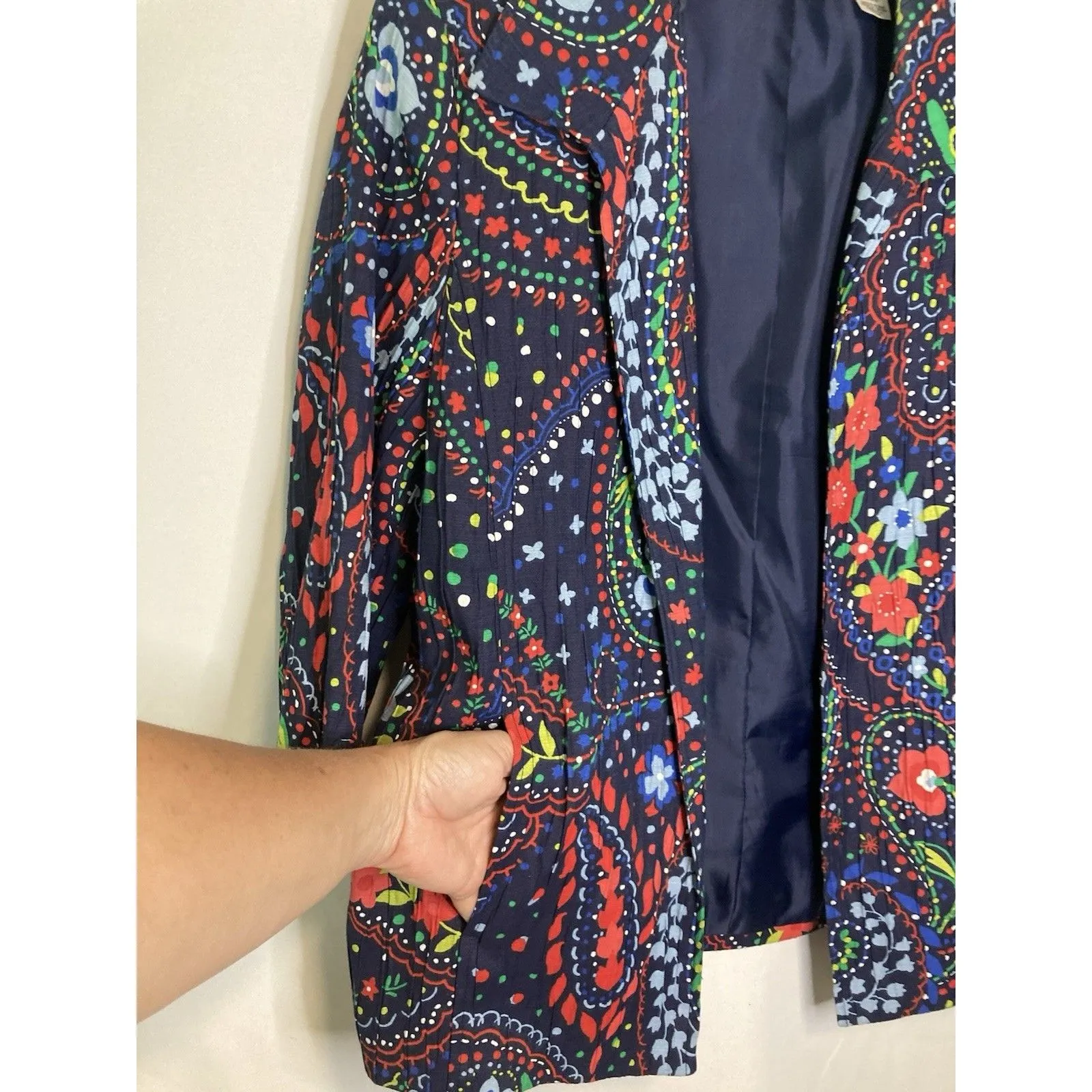 Alfred Dunner Womens Blazer Jacket 10 Navy Floral Paisley Open Front Crinkle - Image 4